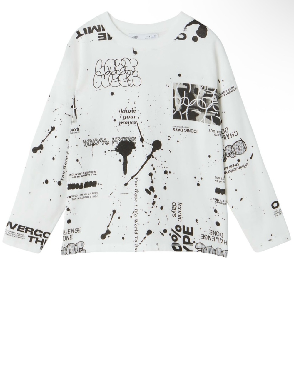 Boys White Graphic Long-Sleeve Tee with Black Print